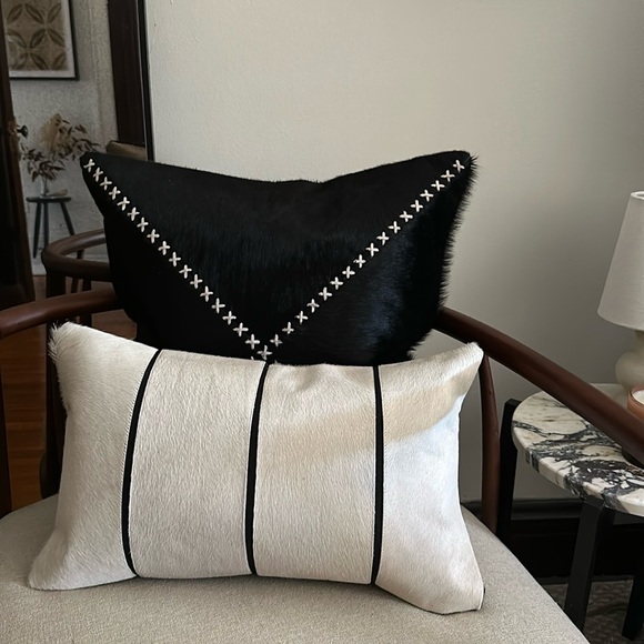 New Arhaus Black white hair on hide leather pillow cover linen suede whipstitch - Picture 12 of 16